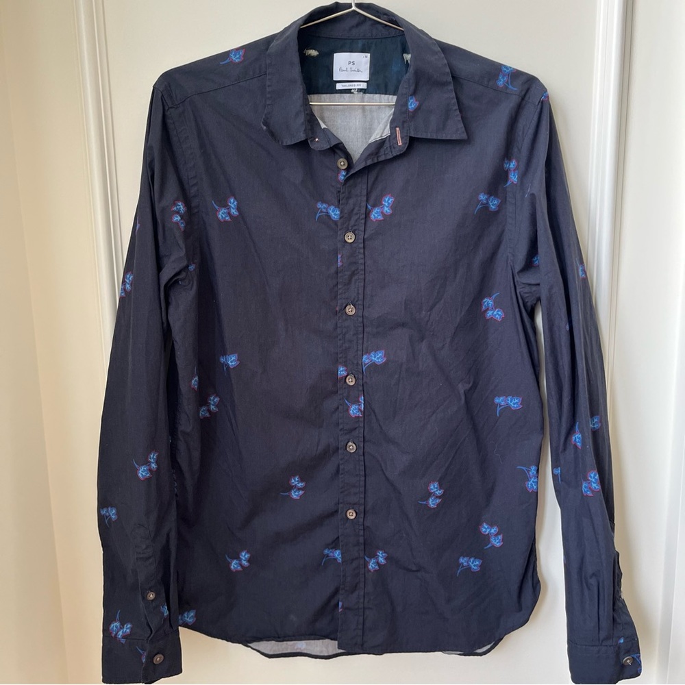 Paul Smith Tailored Fit Blue Leaf Print Button Down Collared Shirt Size Medium